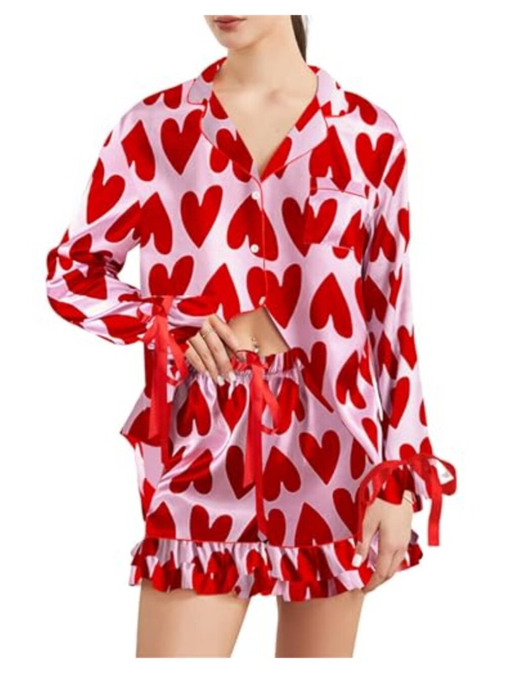 Satin Heart Print Pajama Set Long Sleeve Button Down Shirt Shorts 2 Piece